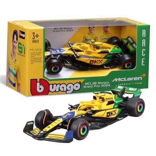 BBURAGO McLaren MCL38 Monaco GP 2024 Livrea Senna Scala 1:43, Replica Diecast Dettagliata Assortimento Casuale Norris o Piastri, Edizione Tributo Ayrton Senna