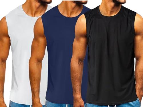 HOTCAT Canottiera da uomo, confezione da 3, senza maniche, per corsa, jogging, palestra, allenamento da uomo, nero + blu + bianco, L