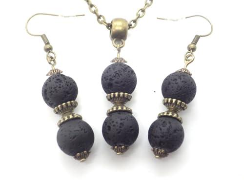 Set di orecchini e collana in bronzo con ciondolo in perle di pietra lavica nera e perle tibetane.