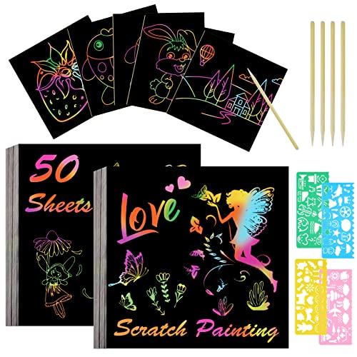Vicloon Scratch Art, 50Pcs Scratch Art Paper per Bambini, Blocco da Disegno Arcobaleno Scratch Paper Set, Arcobaleno da Grattare Regali per Bambini con 5 Stilo in Legno e 4 Righelli Modello