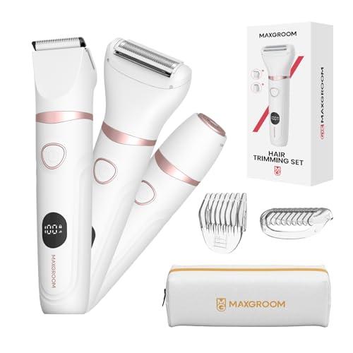 MAXGROOM Rasoio Elettrico Donna, 3-in-1 Impermeabile Depilatore Corpo Donna, Rasoio Parti Intime Kit per Viso, Corpo e Inguine con Lama Ceramica, Ricarica Rapida Type-C, Led Display