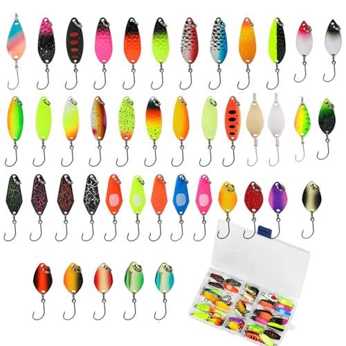 Xmart Esche Artificiali Spinning Trota 43 Pezzi Set di Spoon Trout Area 2.3g/2.8g/3.3g/5g Ondulanti Trota Spinning con Contenitore Esca Artificiale per Cucchiaini Pesca Spigola Luccio