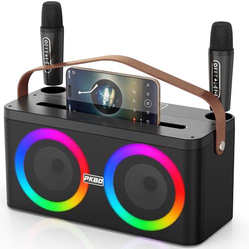 PKBD Karaoke Microfono con Supporto per Telefono/Pad, Altoparlante Portatile Bluetooth con 2 Microfoni Wireless/Luci LED/Sistema PA per Feste in Casa, Regali per Esterni/Interni/di Compleanno