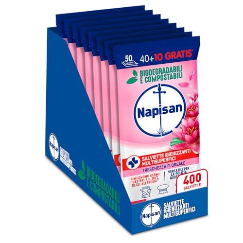 Napisan Salviette Igienizzanti Multisuperfici Freschezza Floreale, Confezione da 8 Pacchi da 50 Salviette Igienizzanti Biodegradabili e Compostabili