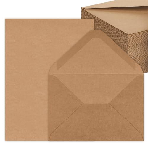 50 Set di Buste Lettere Kraft con biglietto Pieghevoli Vuote, Buste per Carta Intestata e Inviti, DIN C6/A5, Marrone