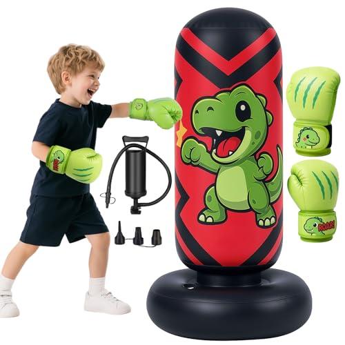 Ninonly Sacco da Boxe per Bambini Gonfiabile 130cm, Sacco da Boxe in Piedi per Bambini 3-8 Anni con Guantoni da Boxe & Pompa per Aria, Allenamento Karate Taekwondo MMA, Design Dinocool