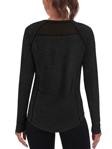 Wayleb Maglia Donna Sportiva con Maniche Lunghe Raglan, Top Allenamento Traspirante con Rete per Palestra, Fitness e Tempo Libero – Nero - Back Mesh M