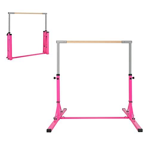 COSTWAY Barra per Ginnastica e Danza per Bambini e Bambine Pieghevole e Portatile, Sbarra Parallela in Metallo e Legno con 13 Altezze Regolabili, Ruote e Cuscinetti Antiscivolo, Portata 100 kg (Pink)