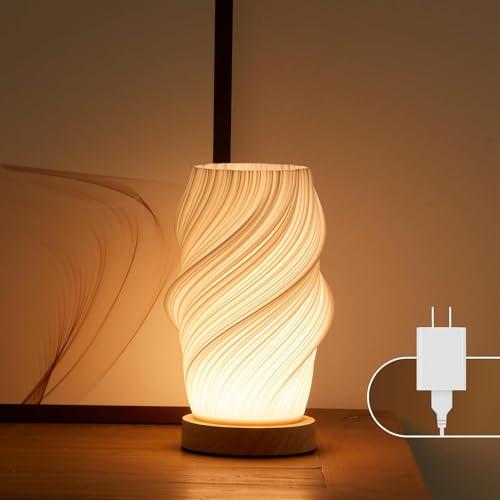 UYKKE Lampada da comodino base in legno - Lampada da tavolo con controllo a pulsante per camera da letto dimmerabile in 12 modi, con paralume in PLA per soggiorno