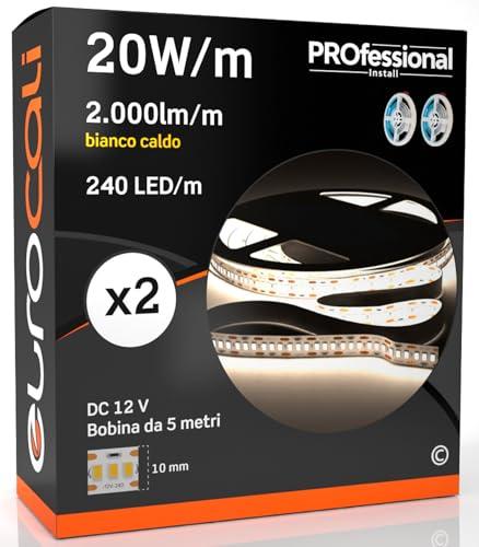 Eurocali 2x Striscie LED Monocolore 1200 LED 90W 240 LED/metro - Bobina da 5 metri - IP20 da interno - Luce Bianco Caldo 3000K - Fascio Luminoso 120°