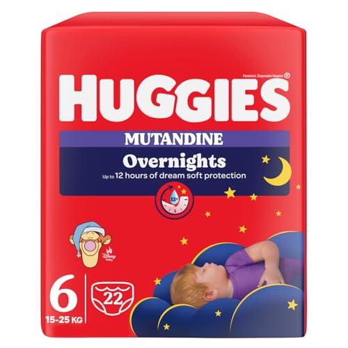 Huggies Overnight Pannolini Notte Bambino, Taglia 6 (15-25 kg), Pannolini Assorbenti per la Notte, Design Disney, Confezione da 22 mutandine