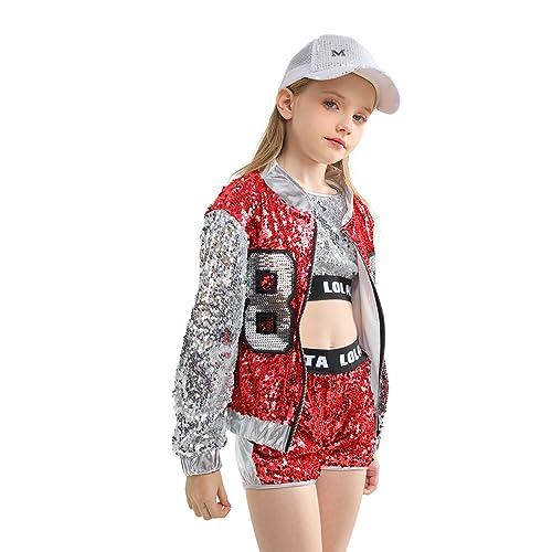 LOLANTA 4 Pezzi di Ragazze con Paillettes Costume da Ballo per Bambini Hip-Hop Stree Abiti da Ballo Set Calze attaccare, Rosso, 8-9 anni, 140