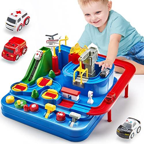 hahaland Pista Macchinine Giochi Bambini 3 4 5 Anni Set di Giocattoli per Pista da Corsa, con Elicottero e 3 Auto Giocattoli Educativo per Bambini Regalo