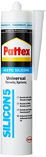 Pattex Sigillante Silicone Silicon 5, Multiuso, Universale, Silicone Bagno e Infissi, Silicone Sigillante Resistente alla Muffa, Sigillante Trasparente, Cartuccia da 280ml