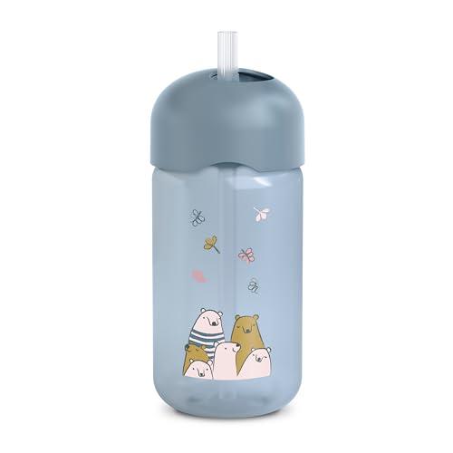 Suavinex, Tazza didattica per bambini con cannuccia in silicone morbida e flessibile, antigoccia e antimacchia, lavabile in lavastoviglie, con tappo, 340 ml, bimbi +18 mesi, My Family Blu