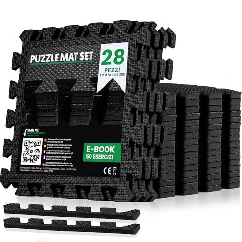 unycos - Tappeto da Fitness a Puzzle【28 Tappetini】Tatami Antiscivolo, Pavimento Protettivo Incastro Palestra in Schiuma EVA, Materassino per Home Gym | Include E-Book, 30x30x1 cm (Nero)
