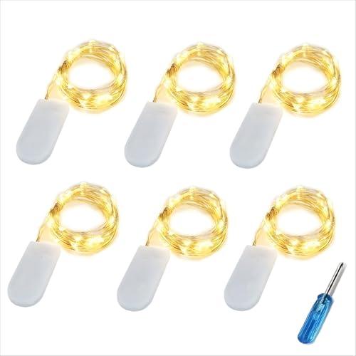 BXROIU 20 LED Stringa Luci a Batteria CR2032 (includere), Ghirlanda in Filo d'Argento da 2 Metri, Catena Luminosa Ideale per Feste, Matrimoni e Decorazioni Natalizie (Bianco Caldo, 6 Pezzi)