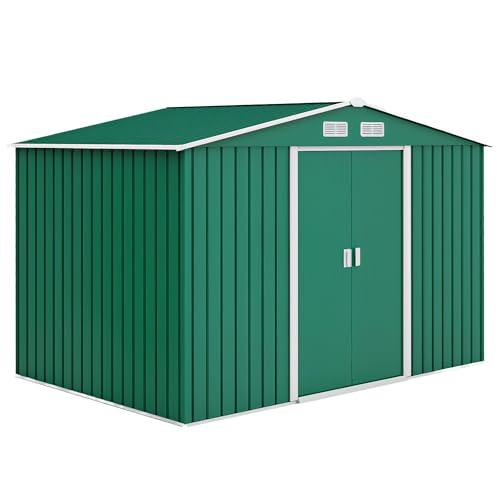 Outsunny Casetta da Giardino 4.9 m² con Fondazione, 4 Prese d'Aria e 2 Porte Scorrevoli, Capanno Porta Attrezzi in Lamiera d'Acciaio, 277x195x192 cm, Verde Scuro