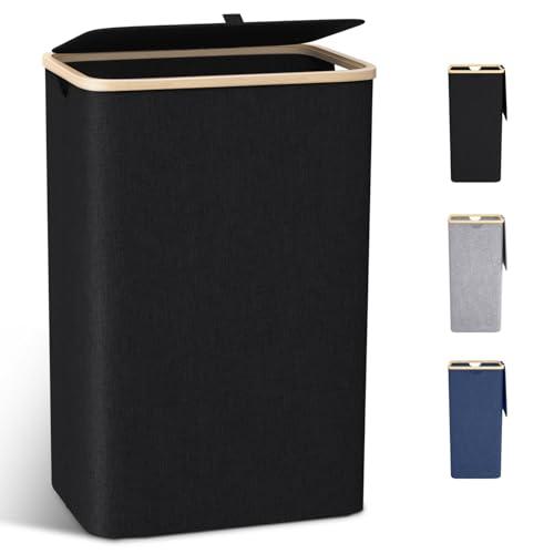 Cesto Portabiancheria Grande,con Coperchio,per Panni Sporchi XXL 100L con Manici in Bambù,Pieghevole per Bagno o Lavanderia Vestiti, Giocattoli