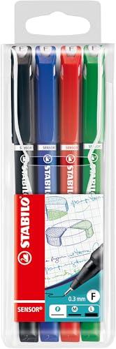 STABILO SENSOR M - Fineliner con punta ammortizzata - Tratto Fine (0,3 mm) - Astuccio da 4 - Nero/Blu/Rosso/Verde
