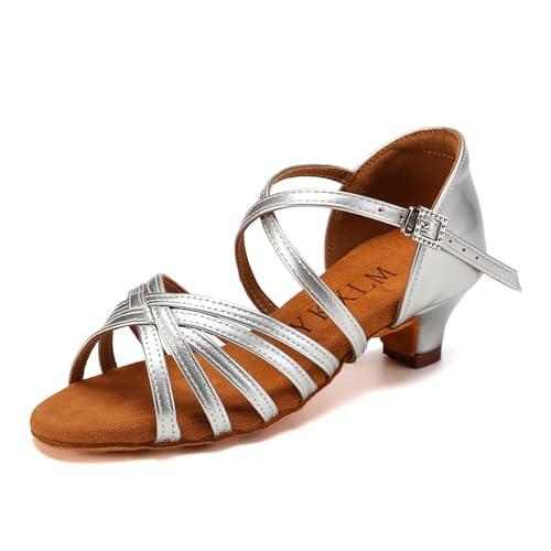 YKXLM Scarpe da Ballo Latino Americano Donna con Punta Aperta Scarpe Danza Latina Bambina con Tacco 4cm,Argento,36.5 EU