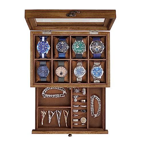 SONGMICS Porta Orologi a 8 Scomparti, Scatola Portaorologi a 2 Livelli, Coperchio in Vetro, con Cuscinetti, Fodera in Velluto, Idea Regalo, Noce Rustico JOW008K01
