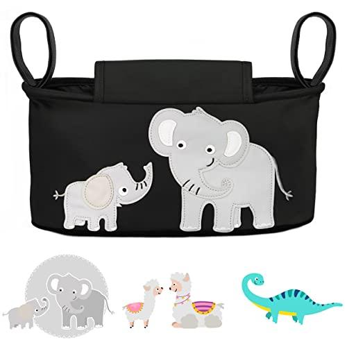 GLÜCKSWOLKE Borsa per Passeggino - 12 Motivi I Organizer per Carrozzina Neonato I Portaoggetti con Dispenser per Salviette I Universale Organizzatore Bambini Neonati I Motivo Elefante (colore nero)