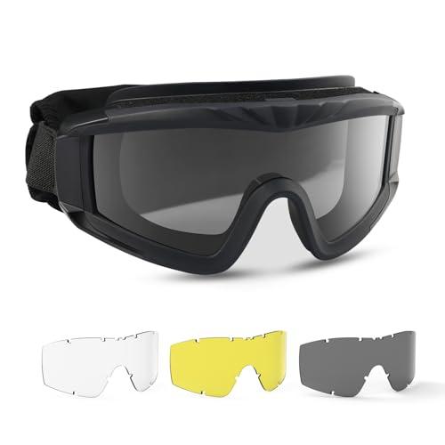 Feyachi Occhiali tattici militari con 3 lenti intercambiabili, protezione UV400, anti-appannamento, per attività all'aperto, caccia, ciclismo, paintball (Nero)