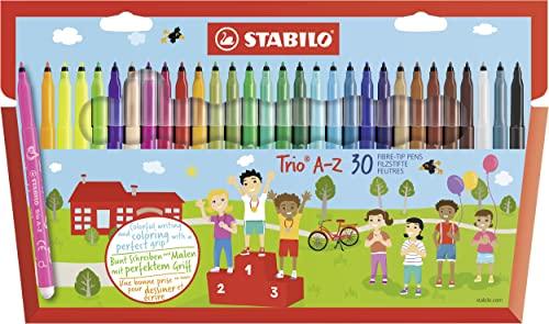 STABILO Trio A-Z - Pennarello a Punta Fine e Fusto Triangolare - Astuccio da 30 - Colori Assortiti