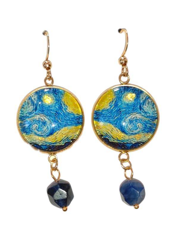 Orecchini Dipinti Pendenti Cabochon, Idea Originale per Regalo Natale,Fatto a Mano, Gioielli Donna Sicilia con Perline Naturali(Notte Stellata Sodalite)