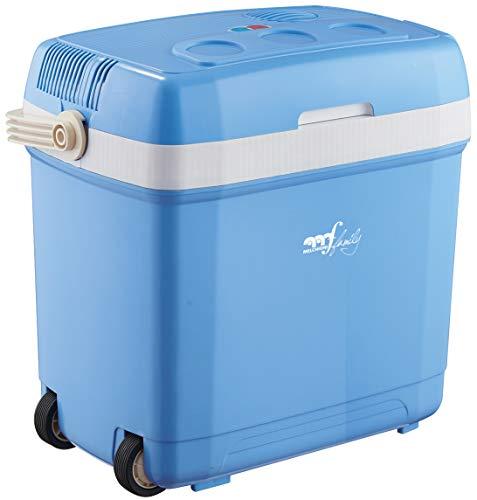 Melchioni Family | Frigo Portatile Elettrico Modello CONSERVO30 con Capacità 27 litri, Interruttore Caldo-Freddo e Cavi Inclusi, con Ruote e Doppia Maniglia, Classe F, Colore Azzurro