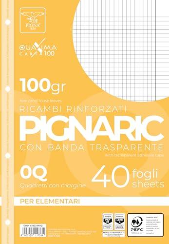 Pigna 02222370Q, Ricambio con Banda Rinforzata, Rigatura 0Q, quadretti 5 mm con margine per 2° e 3° elementare, Carta 100g/mq, Pacco da 40 Fogli