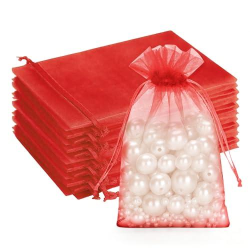 G2PLUS 100PCS Sacchetti Regalo in Organza 10x15CM Borse con Coulisse per Matrimonio Caramella Gioielli(Rosso)