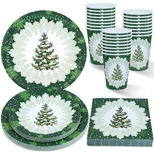 ZVK Piatti di carta, Tovaglioli e Bicchieri di carta usa e getta Verde 96 pezzi Albero di Natale Festa di Natale, Festa di Capodanno, Set di Stoviglie per 24 persone