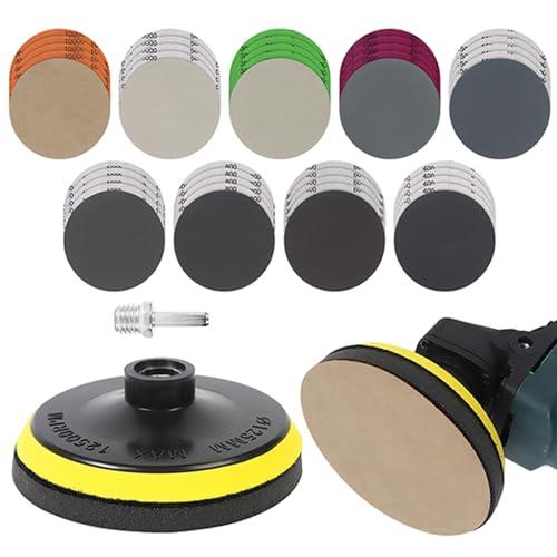 Pomsare dischi abrasivi 125 - Set da 45 pezzi di carta abrasiva umida e asciutta, granulometrie 400/600/800/1000/2000/2500/3000/5000, platorello per smerigliatrici angolari e trapani M14