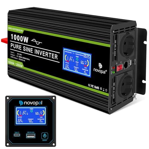 Novopal 1000W Inverter 24V 220V Onda Pura di Potenza con Display LCD Intelligente-2 EU Presa Usb con Uscita and 5 Metri di Telecomandoper per Auto,Camion Camper