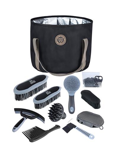 Harrison Howard Kit per la toelettatura dei cavalli, 9 pezzi, serie Equine Care, set di spazzole per cavalli con borsa organizer nera