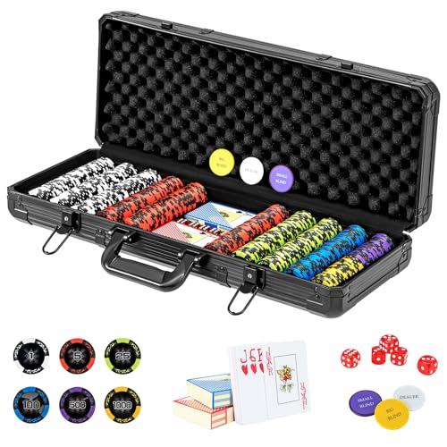 COSTWAY Poker Chips, Set di Fiches da Poker con 500/300 Chips e Custodia in Alluminio, Mazzo di Carte 5 Dadi, Set di Fiches per Party Viaggi e Feste (500 chips)