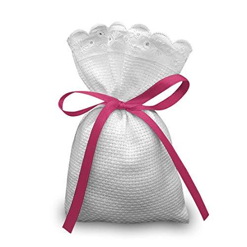 Crociedelizie, Stock 70 sacchetti bomboniere portaconfetti segnaposto in tela aida rifinitura in pizzo sangallo da ricamare a punto croce