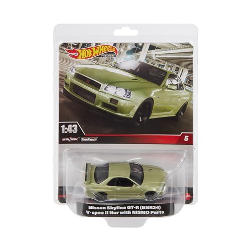 Hot Wheels Premium Nissan Skyline GTR34, Veicolo in scala 1:43 da collezione, con pneumatici Real Rider, carrozzeria e Telaio Metal, giocattolo per bambini, 3+ anni e fan e collezionisti adulti, HMD47