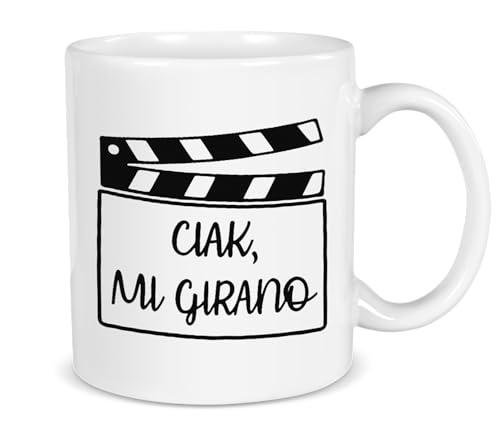 DEKORI Tazza mug in ceramica 350 ml con scritta divertente “Ciak, mi girano” – Idea regalo ironica per amanti del cinema, perfetta come tazza colazione o portapenne multiuso