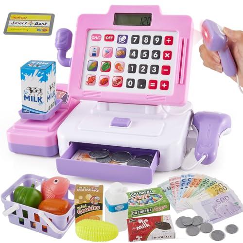 LINFUN KIDS Registratore di Cassa Supermercato Giocattolo con Microfono, Scanner di Suoni e Luci,Cibo Finto Giochi di Imitazione per Ragazze Ragazzi 3 Anni Rose
