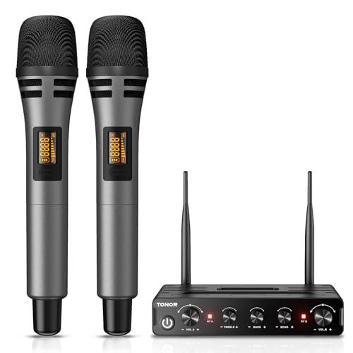 TONOR Microfono Senza Fili, Set di Microfoni a Mano per Karaoke, UHF Sistema con Ricevitore, Set di Microfoni Wireless per Karaoke Domestico, Feste, Chiese, DJ, Matrimoni, Discorsi TW350, Grigio