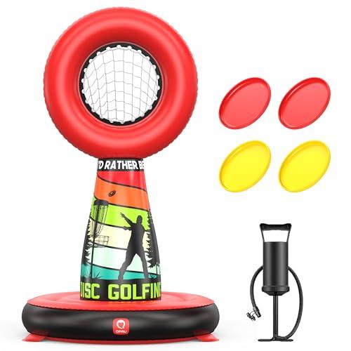 QPAU Set da Disc Golf Gonfiabile per Bambini e Divertimento Familiare, Gioco Completo da Esterno con Cestino Bersaglio, 4 Dischi Volanti & Pompa Adolescenti & Giochi per Feste