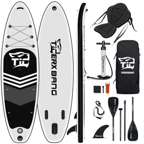 TIGERXBANG Black Tiger Collection - Tavola da SUP gonfiabile con sedile per kayak, pagaia a doppia lama, 320 x 82 x 15 cm, per adulti/bambini, kit completo ISUP PaddleBoarding