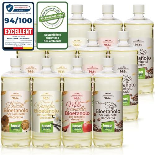KieselGreen Bioethanolo 12 x 1 litro con Fragranza per Caminetto a Etanolo – Bio-etanolo profumato per Ambienti, molte Fragranze - Profumo per Caminetto a bioetanolo da Interno o da Tavolo