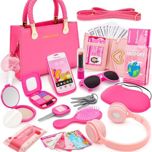 Borsetta per Bambine con Accessori, La Mia Prima Borsa Set con Trucchi Giocattolo, Telefono Portafoglio Chiavi Cuffia Carte di Credito, Gioco di Finzione Set di Borsette della Principessa Rosa 3 Anni+