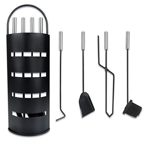 Froadp 5 pezzi Attrezzi per Camino in Acciaio Inossidabile Strumenti per Caminetti include Spazzole, Pinza, Ganci, Paletta e Supporto Stufa a Legna Set di Utensili Caminetto per Cucina Casa (Nero)