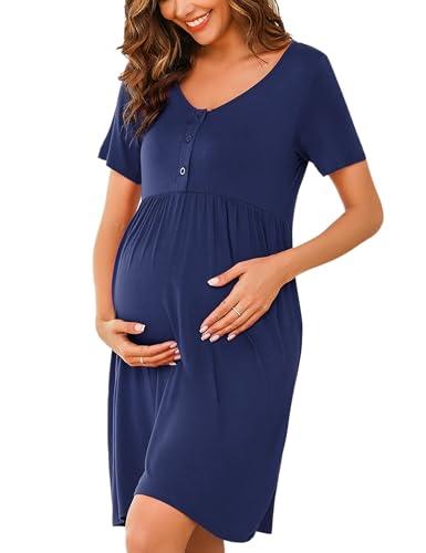 Bresdk Camicia da Notte per Allattamento Donna con Bottoni Estiva Manica Corta Parto Ospedale Morbidi Eleganti Abiti Premaman, Blu Navy, M