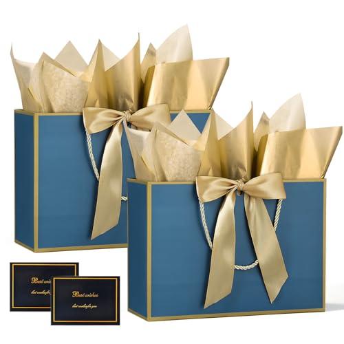 BBILKE Sacchetti Regalo Medie - 2 Sacchettini Borsa Regali Compleanno in Carta con 2 Carte, Buste Regalo Grandi Elegante con Manici per Donne Ragazze San Valentino Festa di Nozze Natale (Blu Bianco)